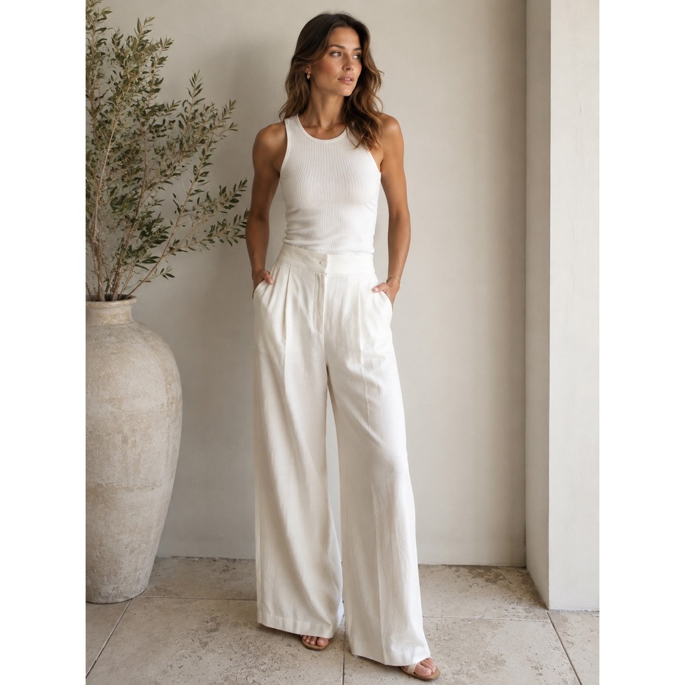 H&M Linen Blend Wide Leg Trousers Women 6 White Excellent High Rise Pleated